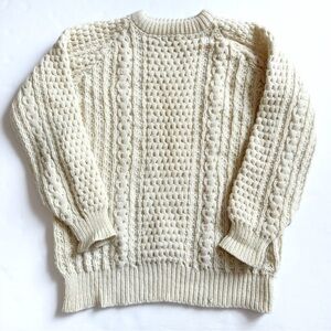 Vintage 80s Malinmor Wool Fisherman Sweater Large 42 Cream Irish Chunky Knit
